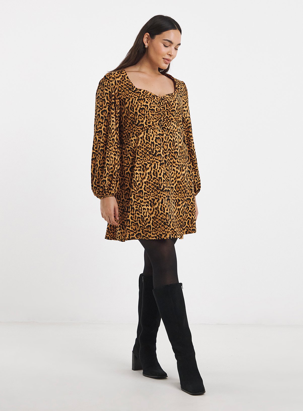 SIMPLY BE Supersoft Sweetheart Neck Leopard Print Skater Dress 10 - Image 3 thumbnail